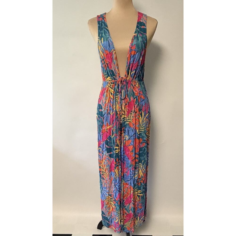 Boho Open Front Dress Duster Womens Medium Tie Front Deep V Tropical Maxi Fairy